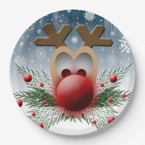 Cute Christmas Reindeer Xmas Holiday Snowflakes Paper Plates