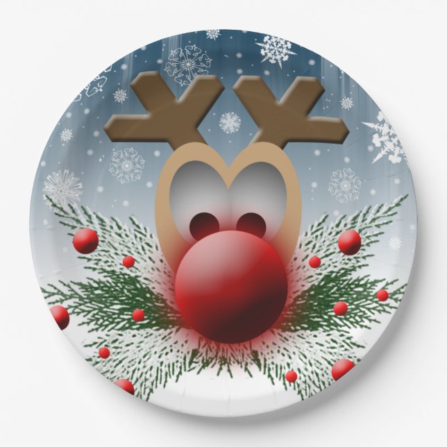 Cute Christmas Reindeer Xmas Holiday Snowflakes Paper Plates (Front)