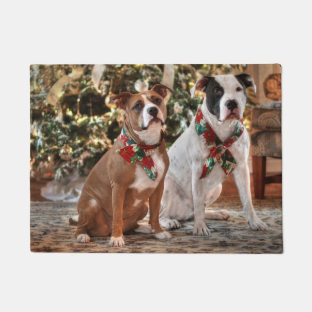 Cute Christmas Rescue Pitbull and America Bull Dog Doormat (Front)