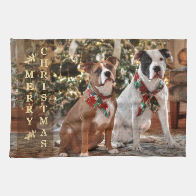 Cute Christmas Rescue Pitbull and America Bull Dog Towel (Horizontal)