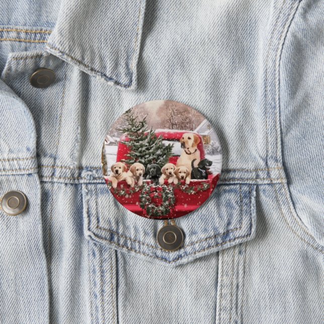 Cute Christmas Retro Red Truck With Puppies Dogs Button (In Situ)