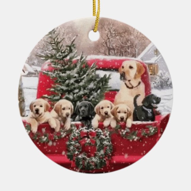 Cute Christmas Retro Red Truck With Puppies Dogs Ceramic Ornament (Front)
