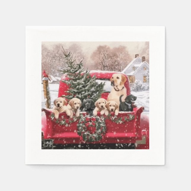 Cute Christmas Retro Red Truck With Puppies Dogs Napkins (Front)