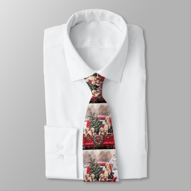Cute Christmas Retro Red Truck With Puppies Dogs Neck Tie (Tied)