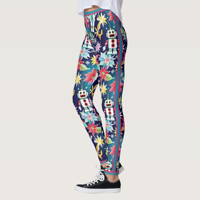 Cute Christmas Retro Robots Floral Leggings (Left)