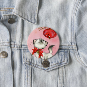 Cute Christmas Retro Vintage Kitten Cat Tree Pink Button