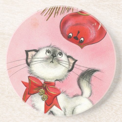 Cute Christmas Retro Vintage Kitten Cat Tree Pink Coaster