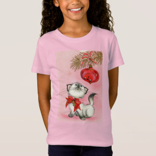 Cute Christmas Retro Vintage Kitten Cat Tree PInk T-Shirt