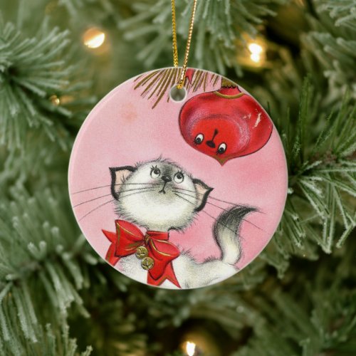 Cute Christmas Retro Vintage Kitty Cat Tree Pink Ceramic Ornament