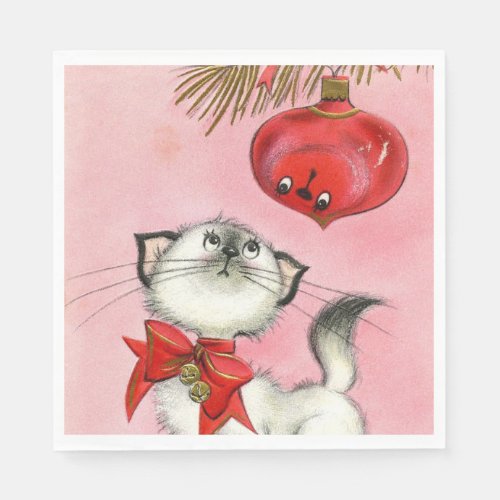 Cute Christmas Retro Vintage Kitty Cat Tree Pink Napkins