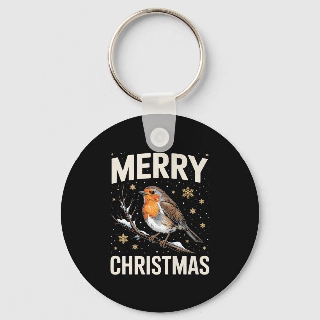 Cute Christmas Robin Merry Xmas Snow Scene Gardene Keychain (Front)