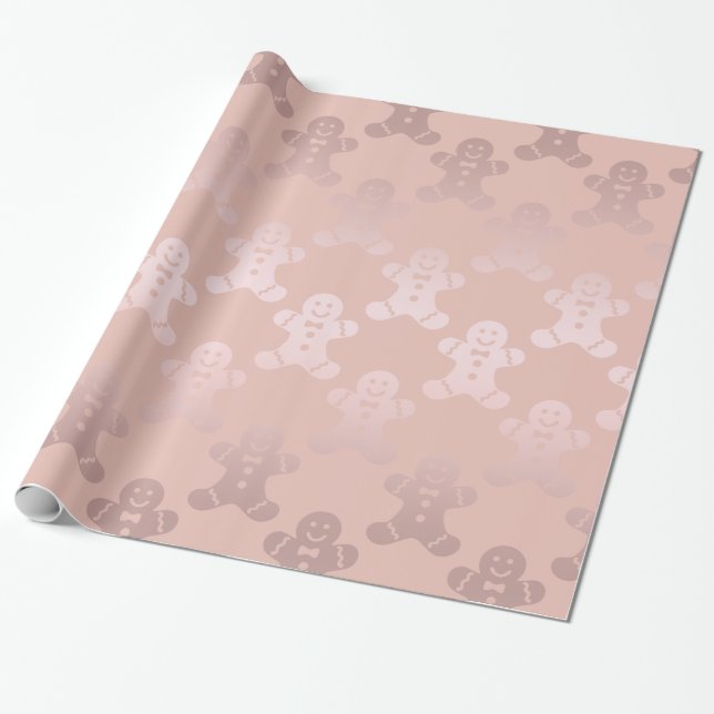 Cute Christmas Rose Gold Gingerbread Man Pattern Wrapping Paper (Unrolled)