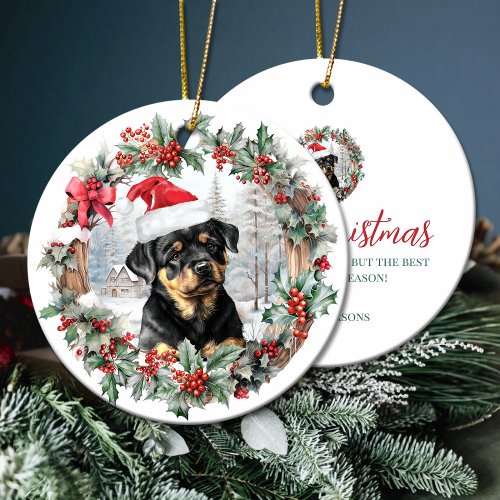 Cute Christmas rottweiler dog puppy Santa hat Ceramic Ornament