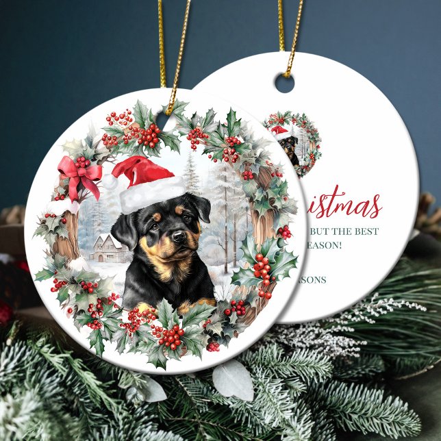 Cute Christmas rottweiler dog puppy Santa hat Ceramic Ornament (Cute Christmas rottweiler dog puppy Santa hat Ceramic Ornament)