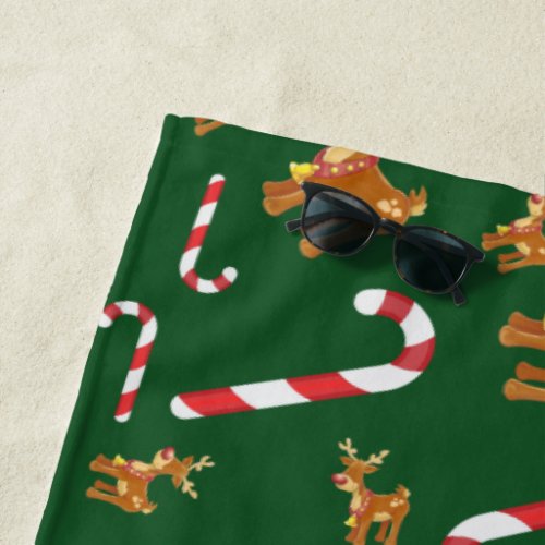 Cute Christmas Rudolph Candy Cane Pattern Green Beach Towel