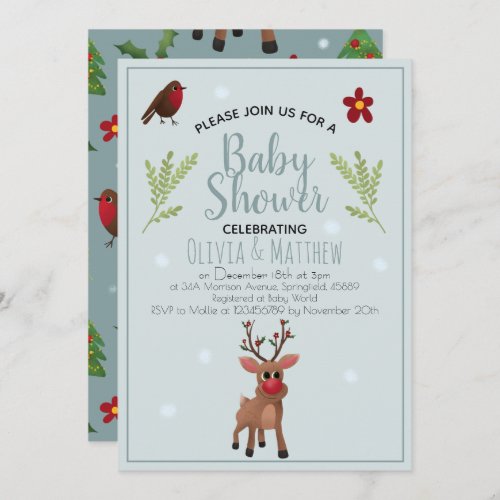 Cute Christmas Rudolph Reindeer Baby Shower Invitation