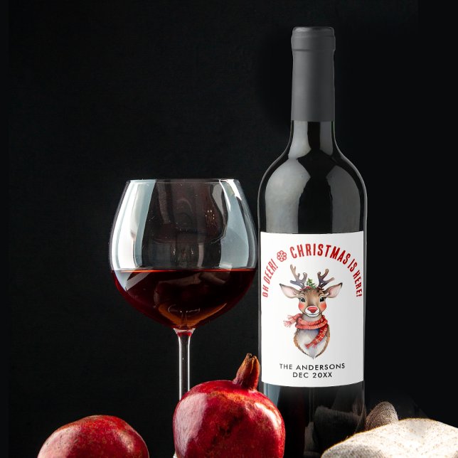 Cute Christmas Rudolph Reindeer Name Watercolor  Wine Label (Creator Uploaded)