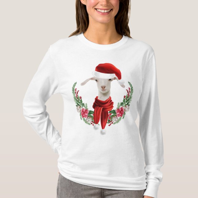 Cute Christmas Saanen Goat Kid 2 with Wreath T-Shirt (Front)