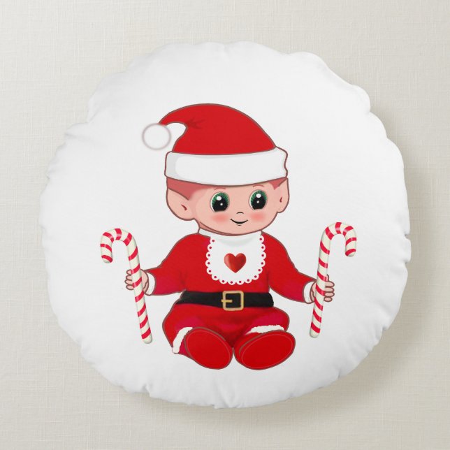 Cute Christmas Santa Baby Elf  & Candy Canes Round Pillow (Front)