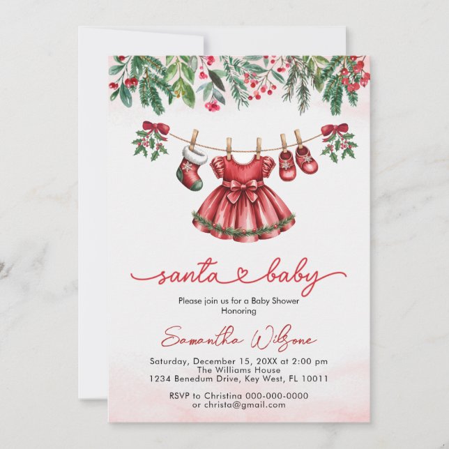 Cute Christmas Santa Baby Girl Clothes Baby Shower Invitation (Front)