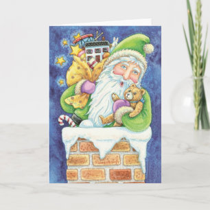 Cute Christmas, Santa Claus in Chimney with Toys Holiday Card