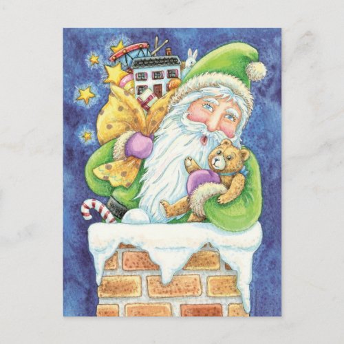 Cute Christmas Santa Claus in Chimney with Toys Holiday Postcard