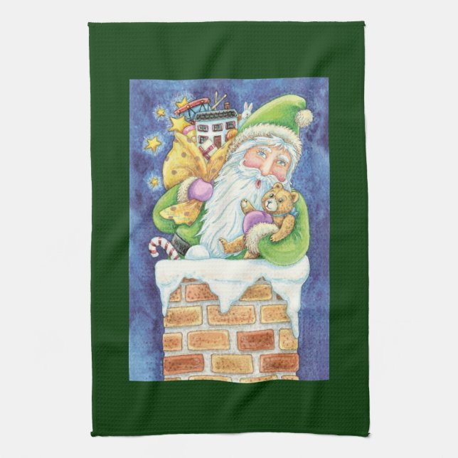 Cute Christmas, Santa Claus in Chimney with Toys Kitchen Towel (Vertical)