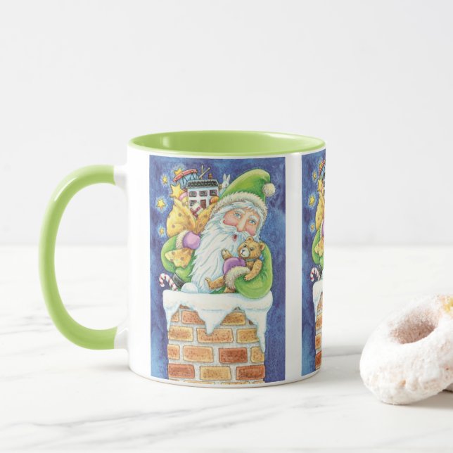 Cute Christmas, Santa Claus in Chimney with Toys Mug (With Donut)
