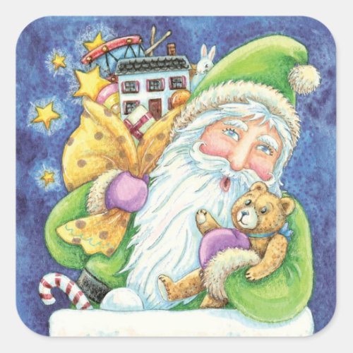 Cute Christmas Santa Claus in Chimney with Toys Square Sticker