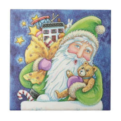 Cute Christmas Santa Claus in Chimney with Toys Tile