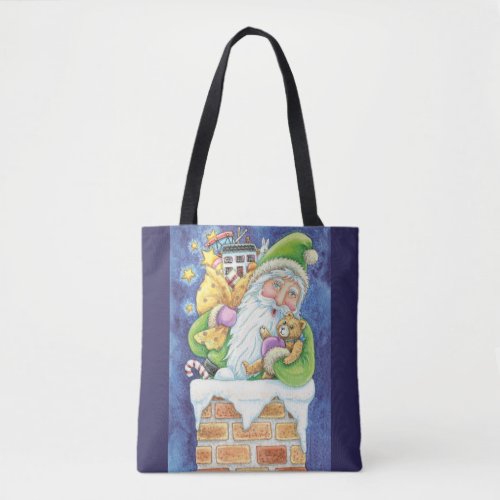 Cute Christmas Santa Claus in Chimney with Toys Tote Bag