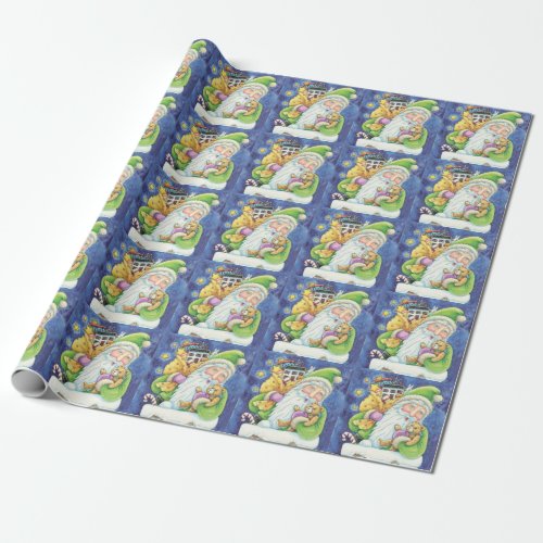 Cute Christmas Santa Claus in Chimney with Toys Wrapping Paper