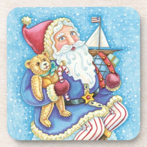 Cute Christmas Santa Claus on Snowball with Toys Beverage Coaster