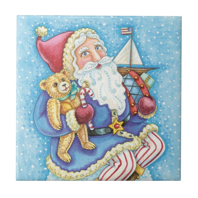 Cute Christmas, Santa Claus on Snowball with Toys Ceramic Tile (Front)