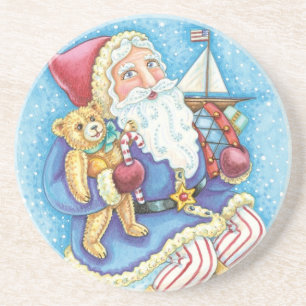 Cute Christmas, Santa Claus on Snowball with Toys Drink Coaster