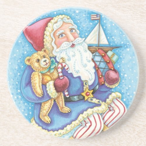 Cute Christmas Santa Claus on Snowball with Toys Drink Coaster
