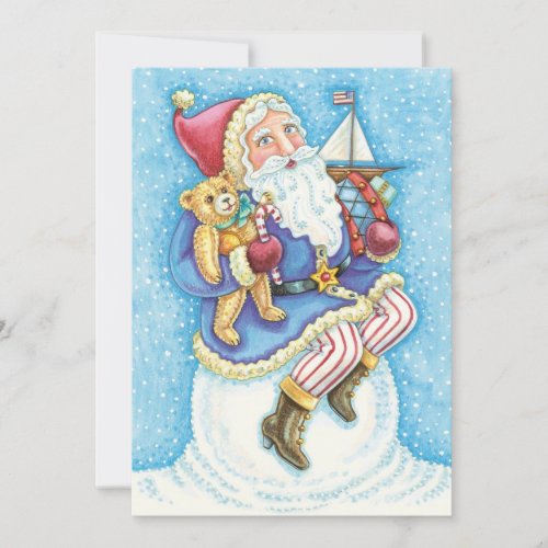 Cute Christmas Santa Claus on Snowball with Toys Holiday Card