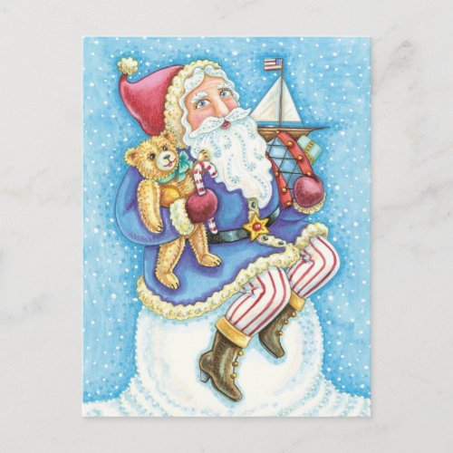 Cute Christmas Santa Claus on Snowball with Toys Holiday Postcard