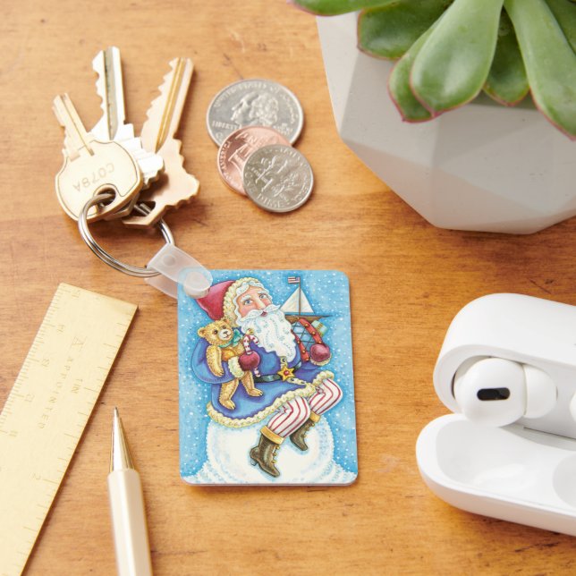 Cute Christmas, Santa Claus on Snowball with Toys Keychain (Desk)