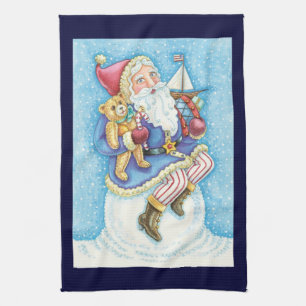 Cute Christmas, Santa Claus on Snowball with Toys Kitchen Towel