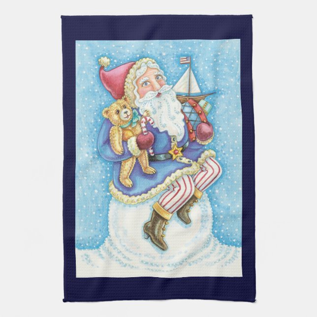 Cute Christmas, Santa Claus on Snowball with Toys Kitchen Towel (Vertical)