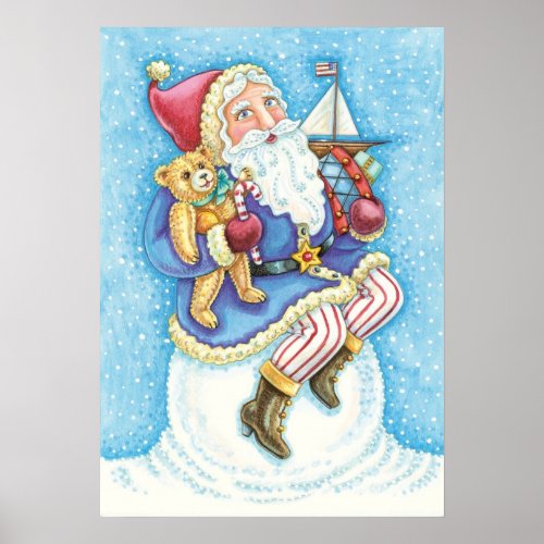 Cute Christmas Santa Claus on Snowball with Toys Poster