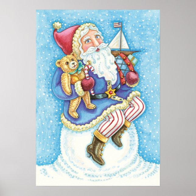 Cute Christmas, Santa Claus on Snowball with Toys Poster (Front)
