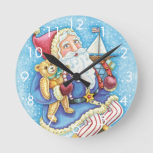 Cute Christmas, Santa Claus on Snowball with Toys Round Clock