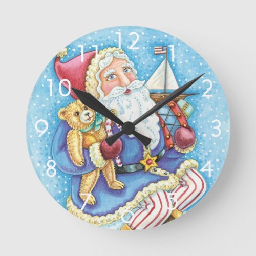 Cute Christmas Santa Claus on Snowball with Toys Round Clock