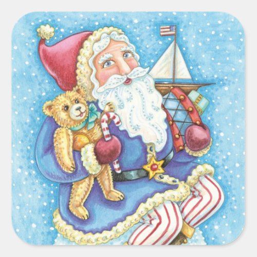 Cute Christmas Santa Claus on Snowball with Toys Square Sticker