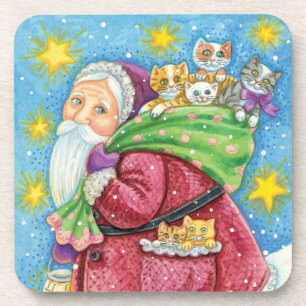 Cute Christmas, Santa Claus with Kittens and Cats! Beverage Coaster