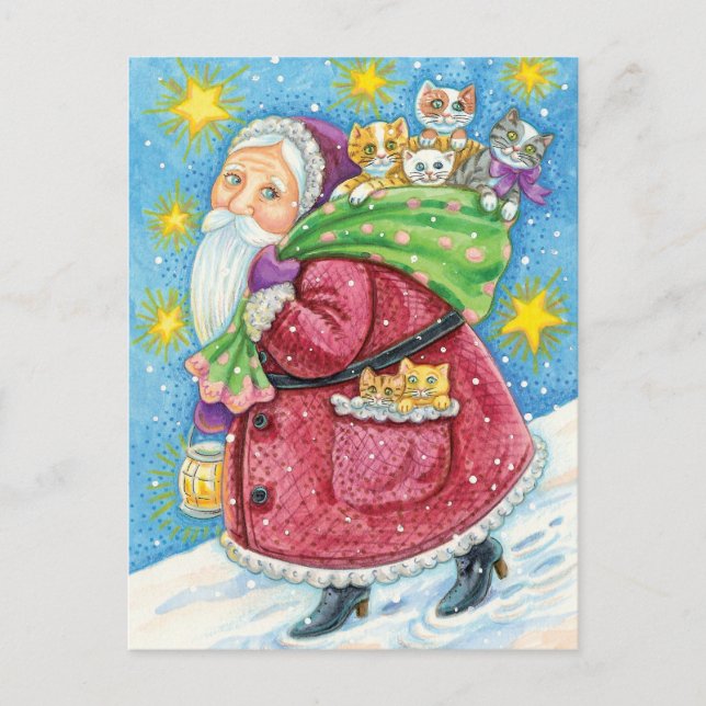Cute Christmas, Santa Claus with Kittens and Cats! Holiday Postcard (Front)