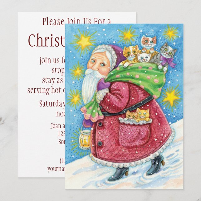 Cute Christmas, Santa Claus with Kittens and Cats! Invitation (Front/Back)