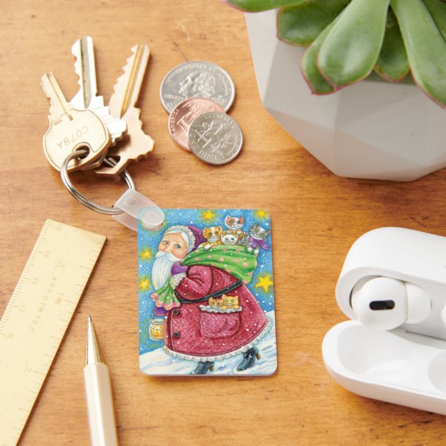 Cute Christmas, Santa Claus with Kittens and Cats! Keychain (Desk)
